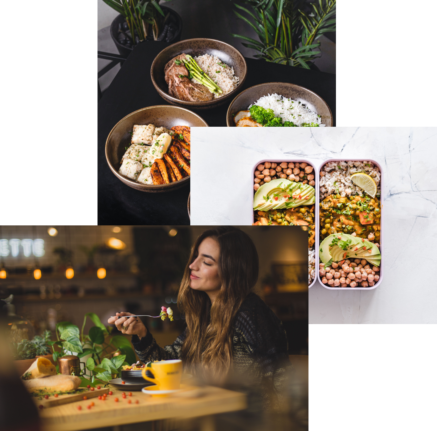 Women eating food,
meals in the storage cotainer,
and food bowl on the table